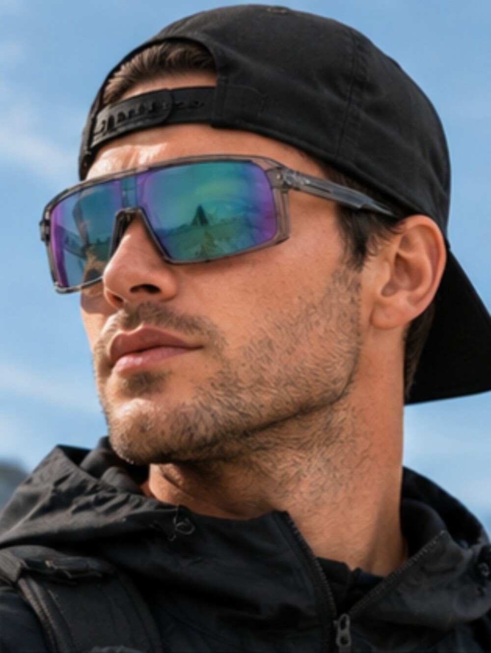 Shield-Style  Sunglasses - Purple Frame with Iridescent Mirror Lenses